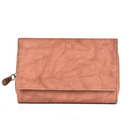 Elegant Tan Leather Clutch Purse Secure Zipper and Snap Closure