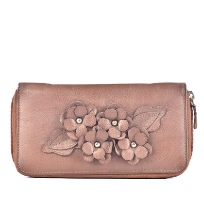 Brown Floral Leather Clutch Purse Handcrafted Flowers Design
