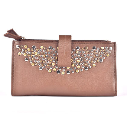 Embellished Light Brown Clutch Purse Zipper and Snap Closure
