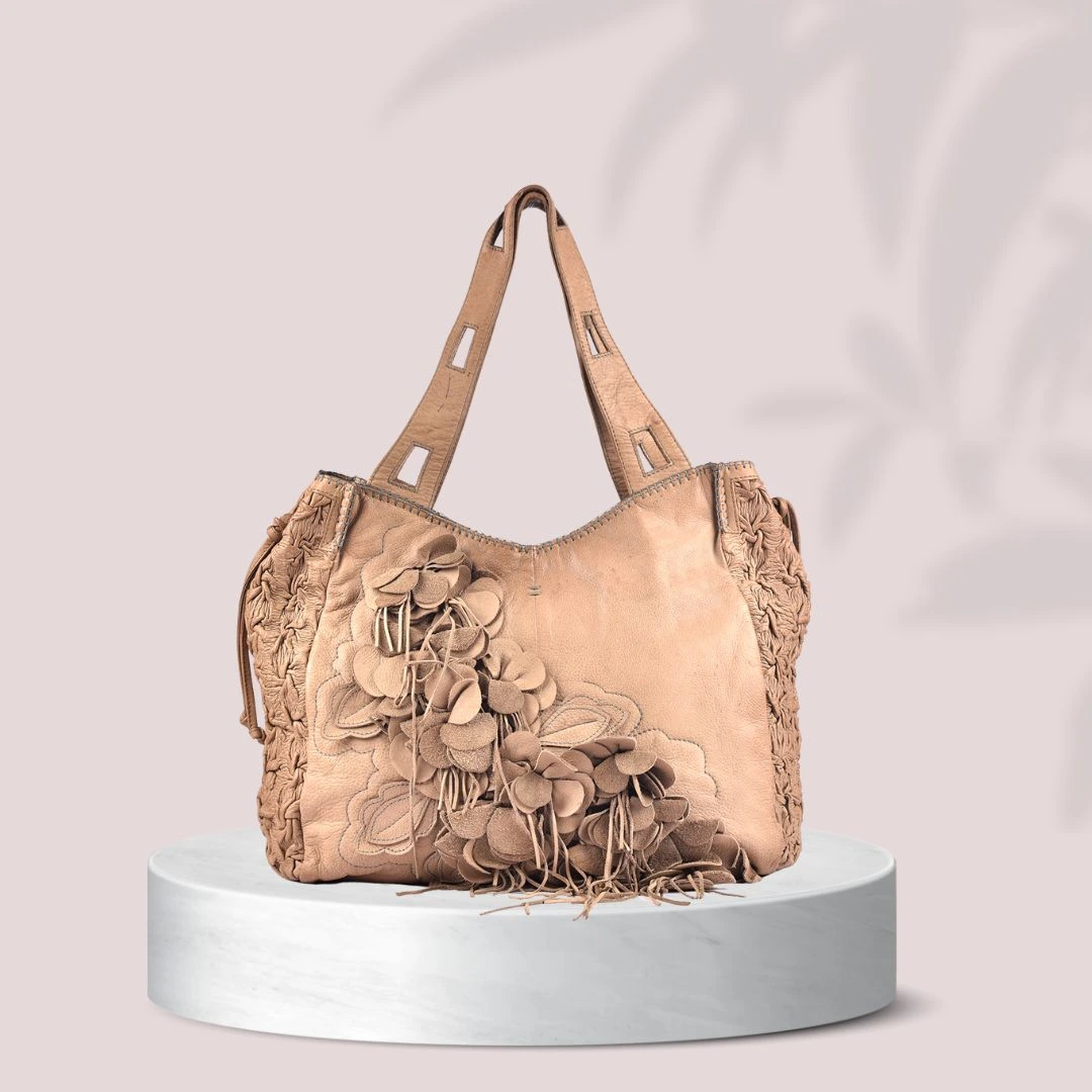 Beige vegan Leather Tote Bag Artistic Handcrafted Floral Pattern