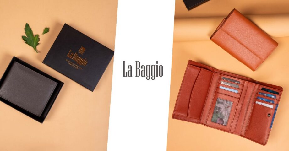 La Baggio premium vegan wallets for men and women in black and brown, displayed with branded packaging on a beige background.